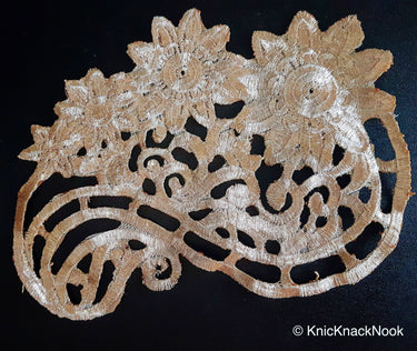 Antique Gold / Bronze Tone Crochet Thread Fabric Applique, Flower Applique - 200317A84